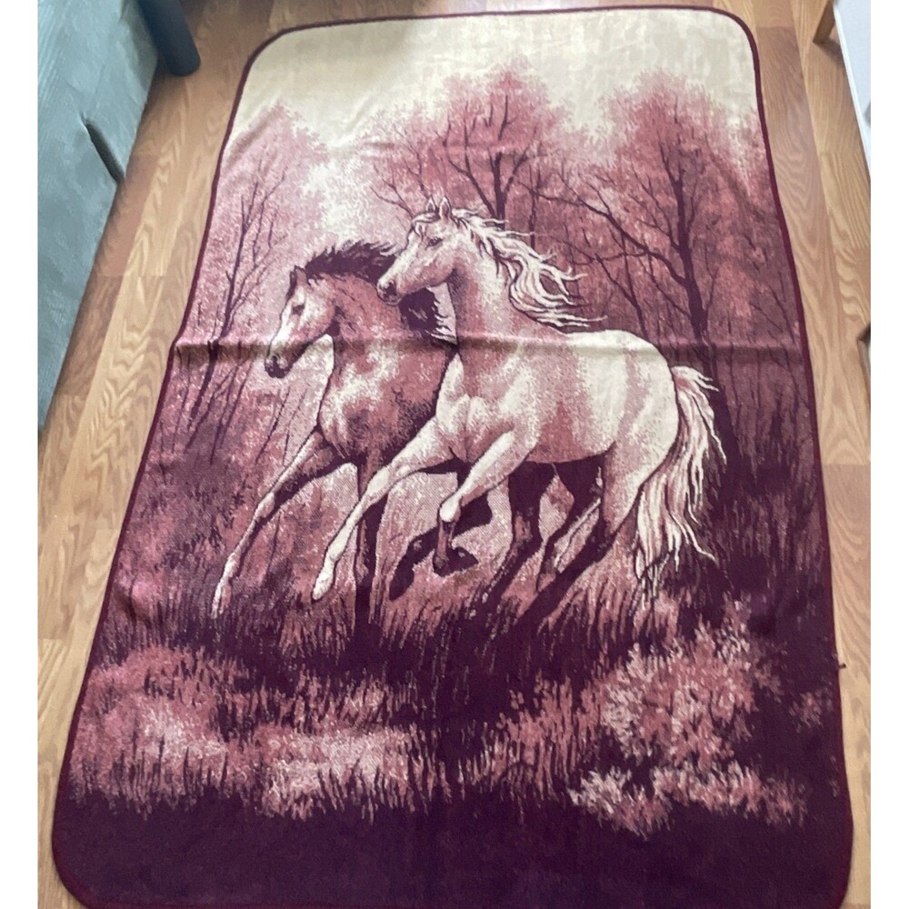 Vintage San Marcos Wild Horses Blanket Reversible Two Tone Burgundy Ivory 85x54